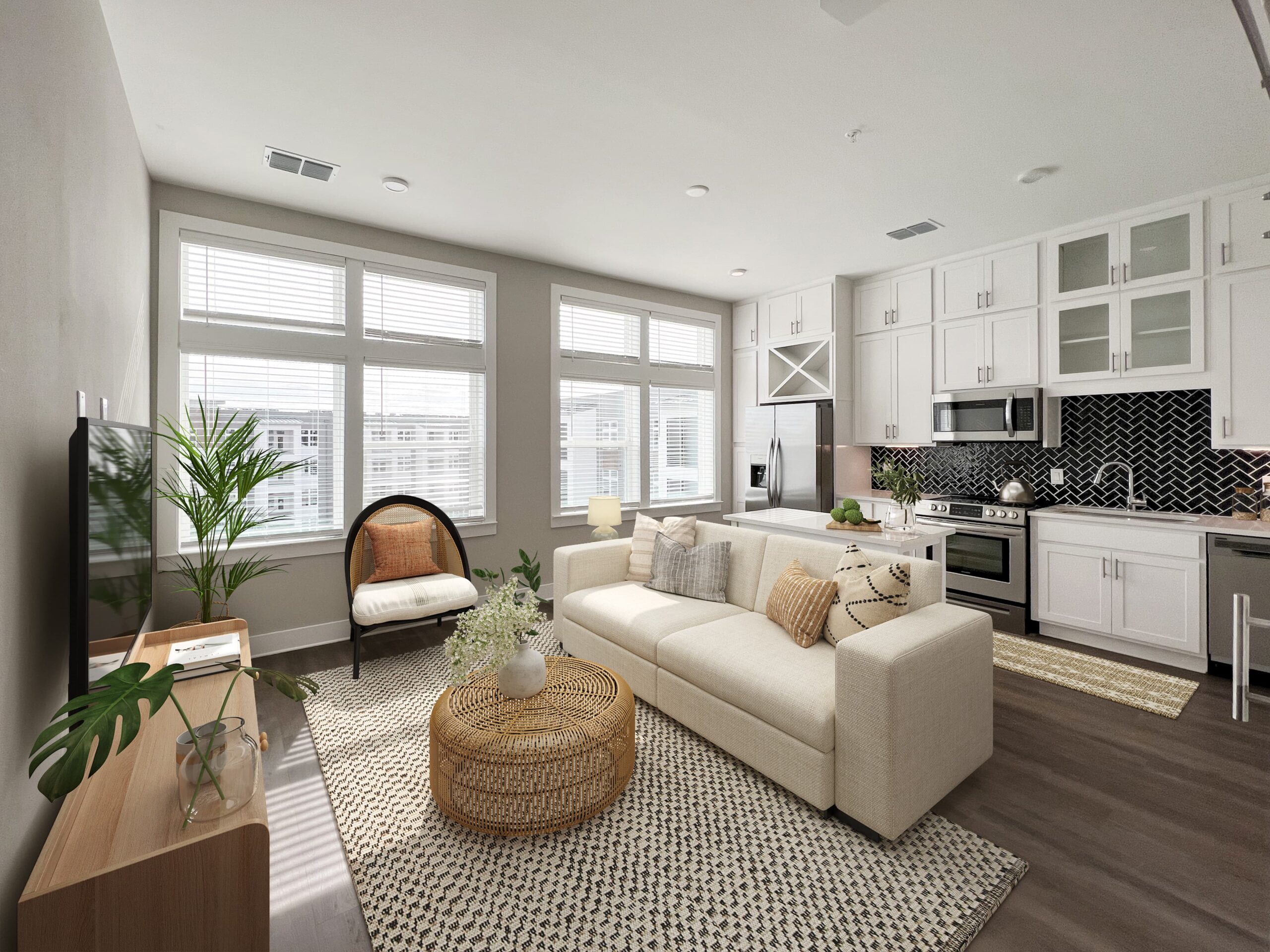 Furnished studio apartment living area and kitchen